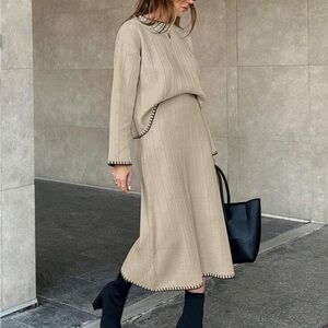 Tan A-line Ribbed Midi Skirt for Casual Wear